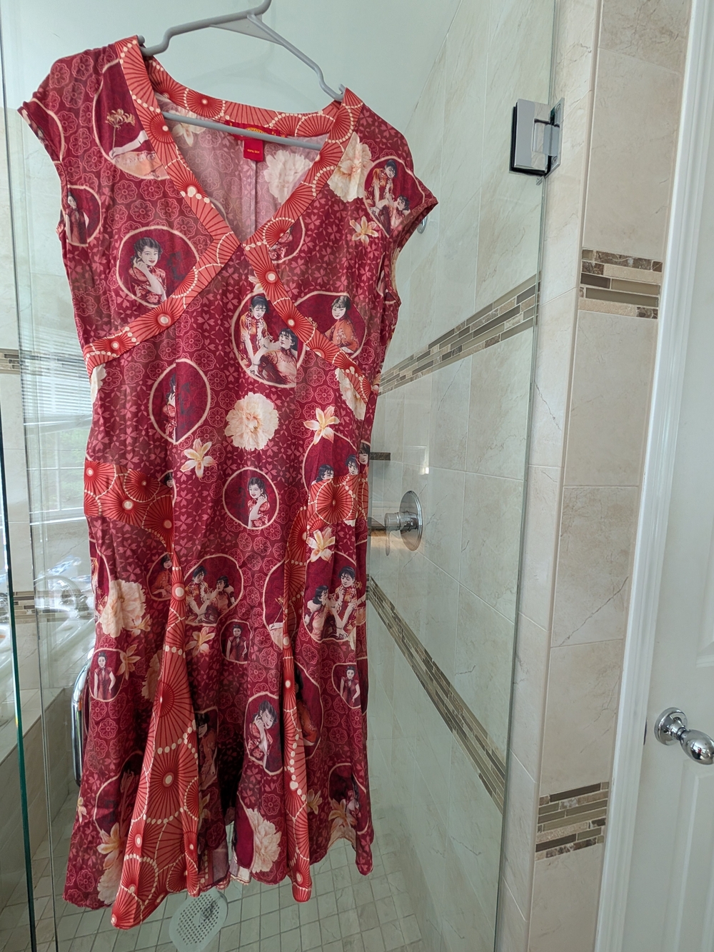 Shanghai Tang Burgundy Floral-Print V-Neck Fit & Flare Dress